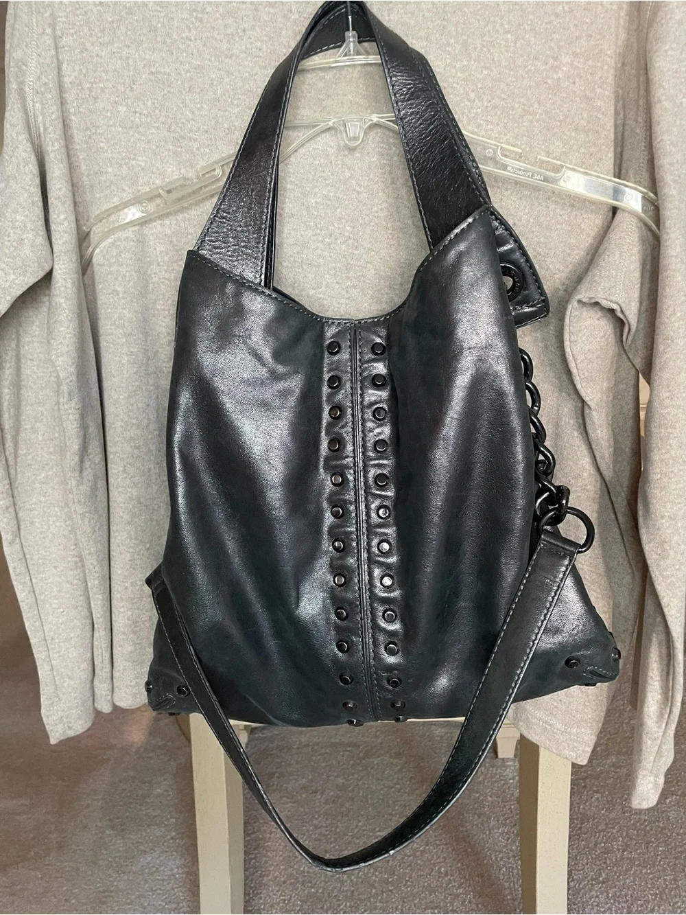 Michael Kors Camden Grommet Leather Hobo Bag Gunmetal Metallic Gray